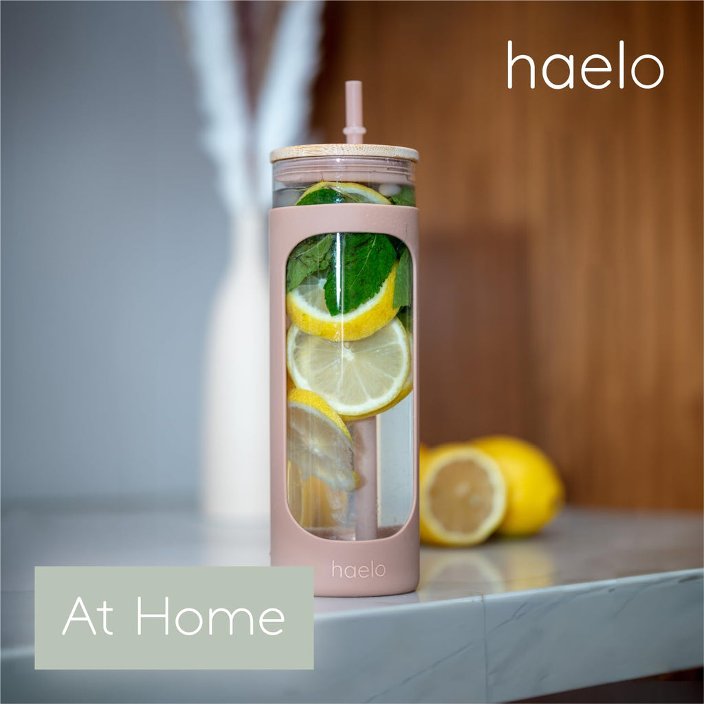 haelo 20oz Glass Tumbler Water Bottle, Iced Coffee Cup with Straw, Silicone Protective Sleeve, Bamboo Lid Reusable BPA Free (Amber)