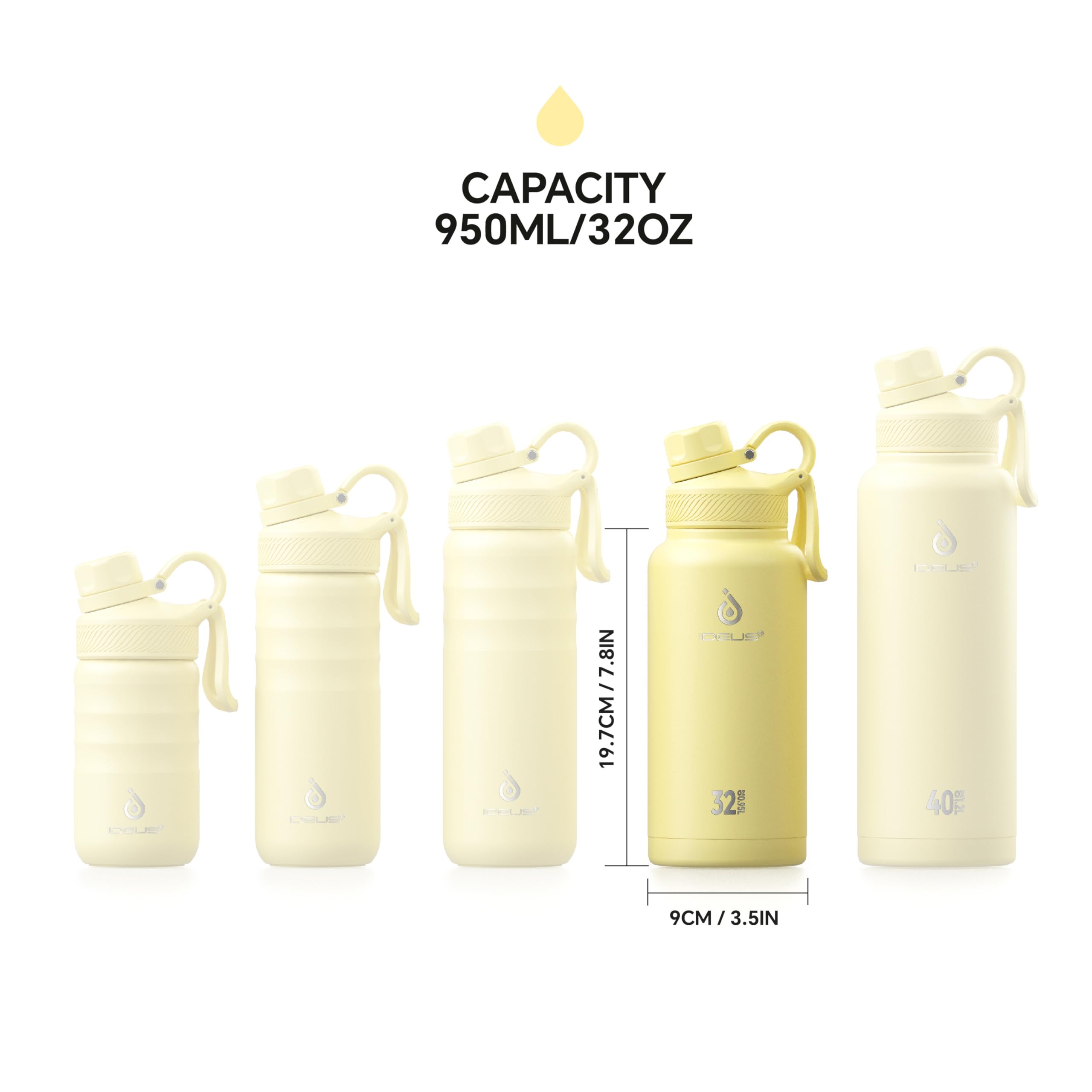 IDEUS Insulated Stainless Steel Water Bottle with 2 Leak-Proof Lids, Thermal Water Flask for Hiking Biking, 32oz, Light Yellow