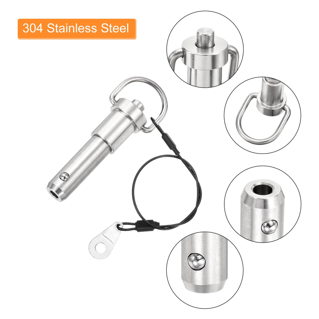 uxcell 1 Pcs Quick Release Pin, 1/2" x 1"(Dia. x L) Push-Button Ball Locking Pin 304 Stainless Steel Ring Handle Locking Pin with Wire for Audio Bimini Top Marine, Silver