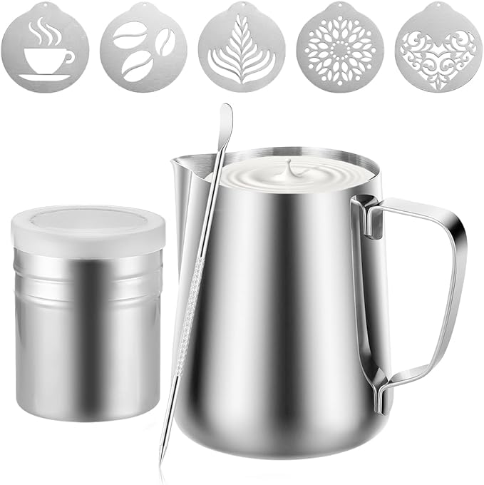 4Pieces Stainless Steel Milk Frothing Pitcher Set, Latte Art Barista Steaming Pitchers Set -Include Milk Frother Cup, Latte Art Pen, Powder Shaker, 5pcs Coffee Decorating Stencils (600ml/20oz)