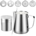 4Pieces Stainless Steel Milk Frothing Pitcher Set, Latte Art Barista Steaming Pitchers Set -Include Milk Frother Cup, Latte Art Pen, Powder Shaker, 5pcs Coffee Decorating Stencils (600ml/20oz)
