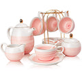 Sweejar Porcelain Tea Sets, 8 OZ Cups & Saucer Service for 4, Teapot Sugar Bowl Cream Pitcher Teaspoons and Tea Strainer for Adult Tea Coffee Afternoon Party (Pink)