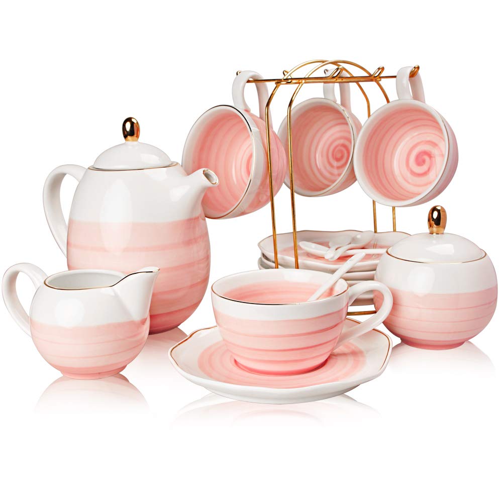 Sweejar Porcelain Tea Sets, 8 OZ Cups & Saucer Service for 4, Teapot Sugar Bowl Cream Pitcher Teaspoons and Tea Strainer for Adult Tea Coffee Afternoon Party (Pink)