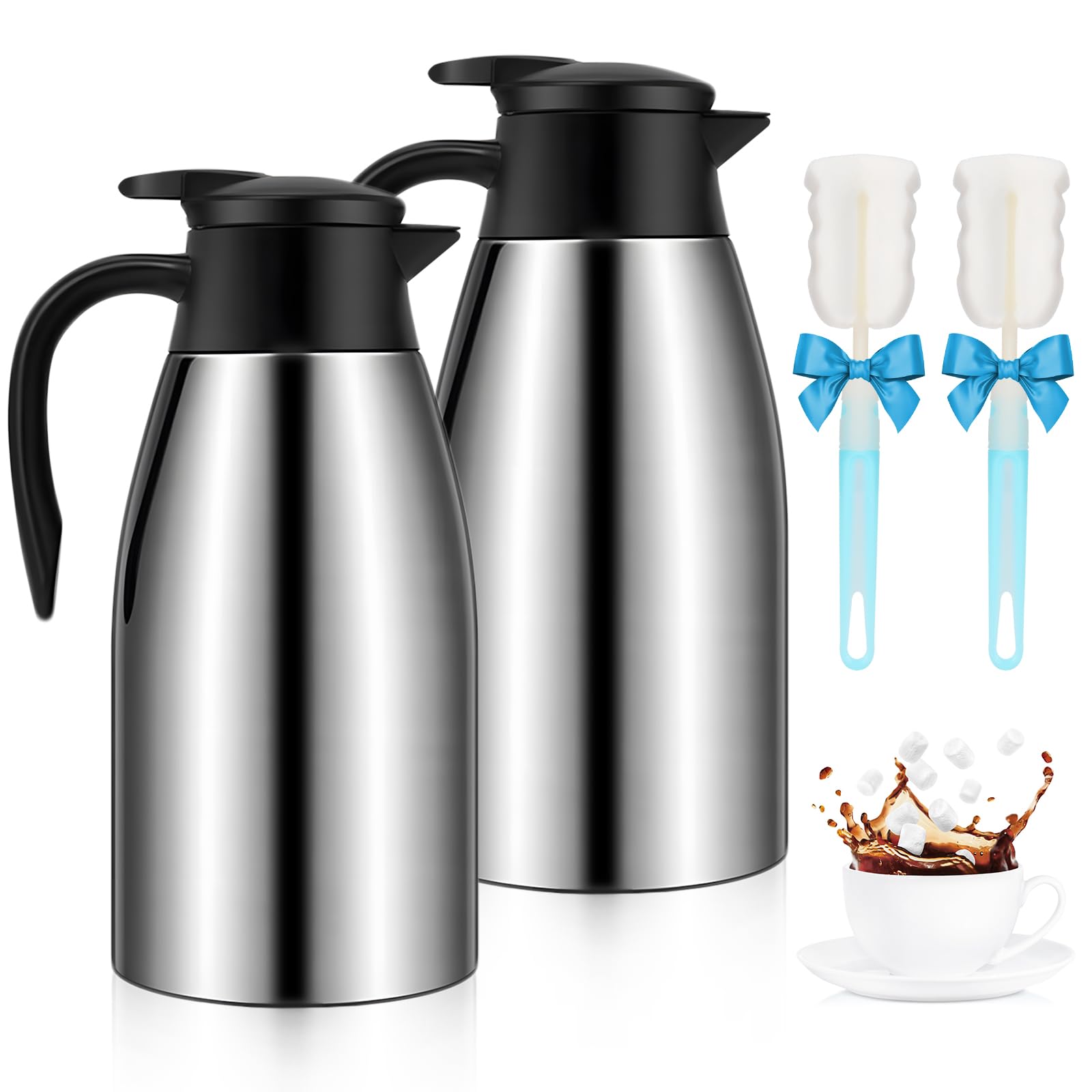 GearRoot 70oz Thermal Coffee Carafe, 2 Pack Airpot Insulated Coffee Urns Stainless Steel Vacuum Thermal Pot Dispenser for Coffee, Hot Water, Tea - Keep 12 Hours Hot, 24 Hours Cold (Silver)