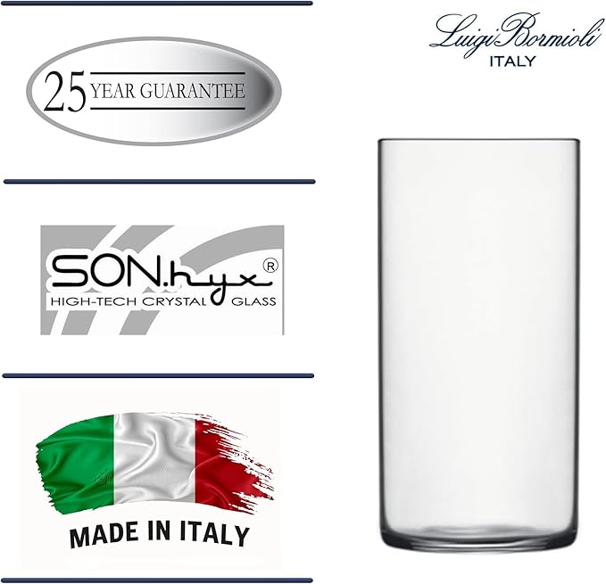 Luigi Bormioli Top Class 11.75 oz Highball Glasses, Set of 6 - Italian Tall Drinking Glasses for Cocktails, Water, Juice - Durable Lead-Free Crystal Drinkware with Reinforced Rims, Modern Glassware