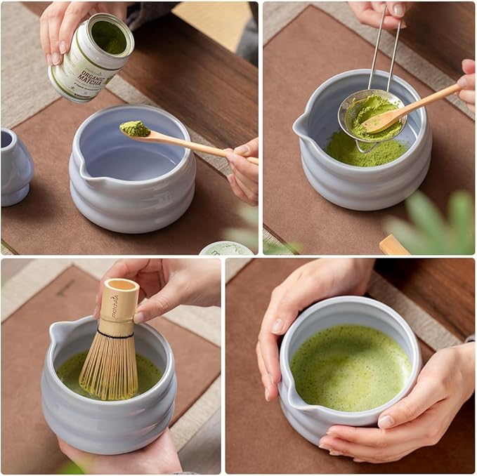 Matcha Whisk Set 8 Pcs - Ceramic Bowl, Bamboo Whisk with Holder, Canister, Sifter, Schima Spoon, Spoon Rest and Tea Towel, Complete Kit for Traditional Matcha and Modern Lattes (Purple)