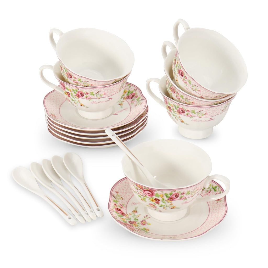 SWEDOU Cup and Saucer Sets of 6 with Spoon, 8oz Ceramic Tea Cups Saucers Set Porcelain New Bone China Floral Vintage Coffee Cup & Saucer Sets -Microwave Dishwasher Safe (Pink)