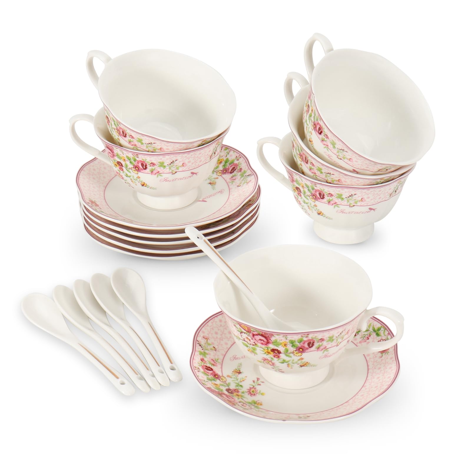 SWEDOU Cup and Saucer Sets of 6 with Spoon, 8oz Ceramic Tea Cups Saucers Set Porcelain New Bone China Floral Vintage Coffee Cup & Saucer Sets -Microwave Dishwasher Safe (Pink)