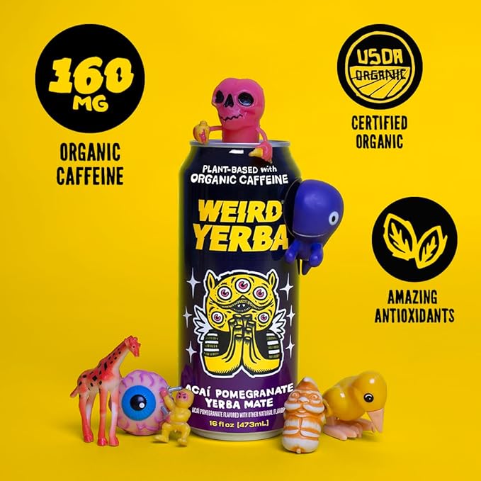 Drink Weird Organic Acai Pomegranate Yerba Mate – 16oz Cans, 160mg Organic Caffeine, Pack of 12 – Antioxidant-Rich Energy Drink Alternative
