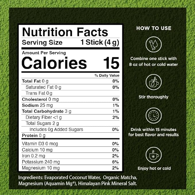 VitaCup Hydration Matcha Instant Packets, for Natural Energy and Detox, w/Electrolytes, Ceremonial Grade Organic Matcha, Coconut Water, Pink Himalayan Salt, Magnesium, in Single Serve Sticks, 20 Ct