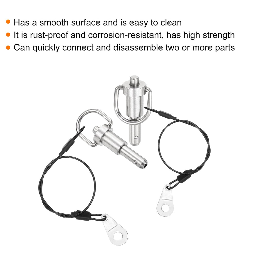 uxcell 2 Pcs Quick Release Pin, 5/16" x 0.5"(Dia. x L) Push-Button Ball Locking Pin 304 Stainless Steel Ring Handle Locking Pin with Wire for Audio Bimini Top Marine, Silver