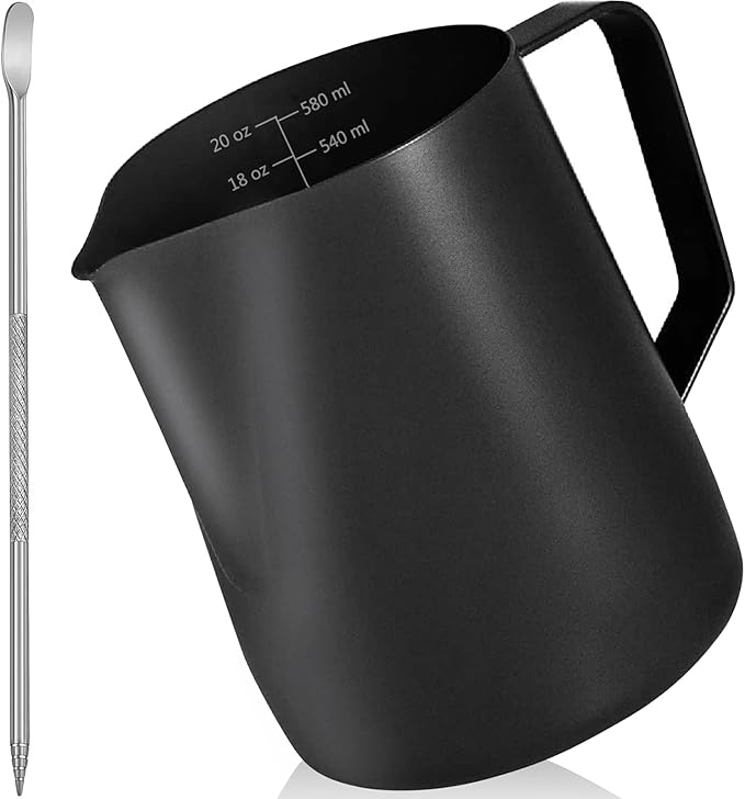 Milk Frother Pitcher 20 OZ, Espresso Milk Frothing Pitcher, Milk Steamer Cup Steaming Pitcher, Stainless Steel Coffee Froth Cup with Latte Art Pen for Coffee Cappuccino (Black)