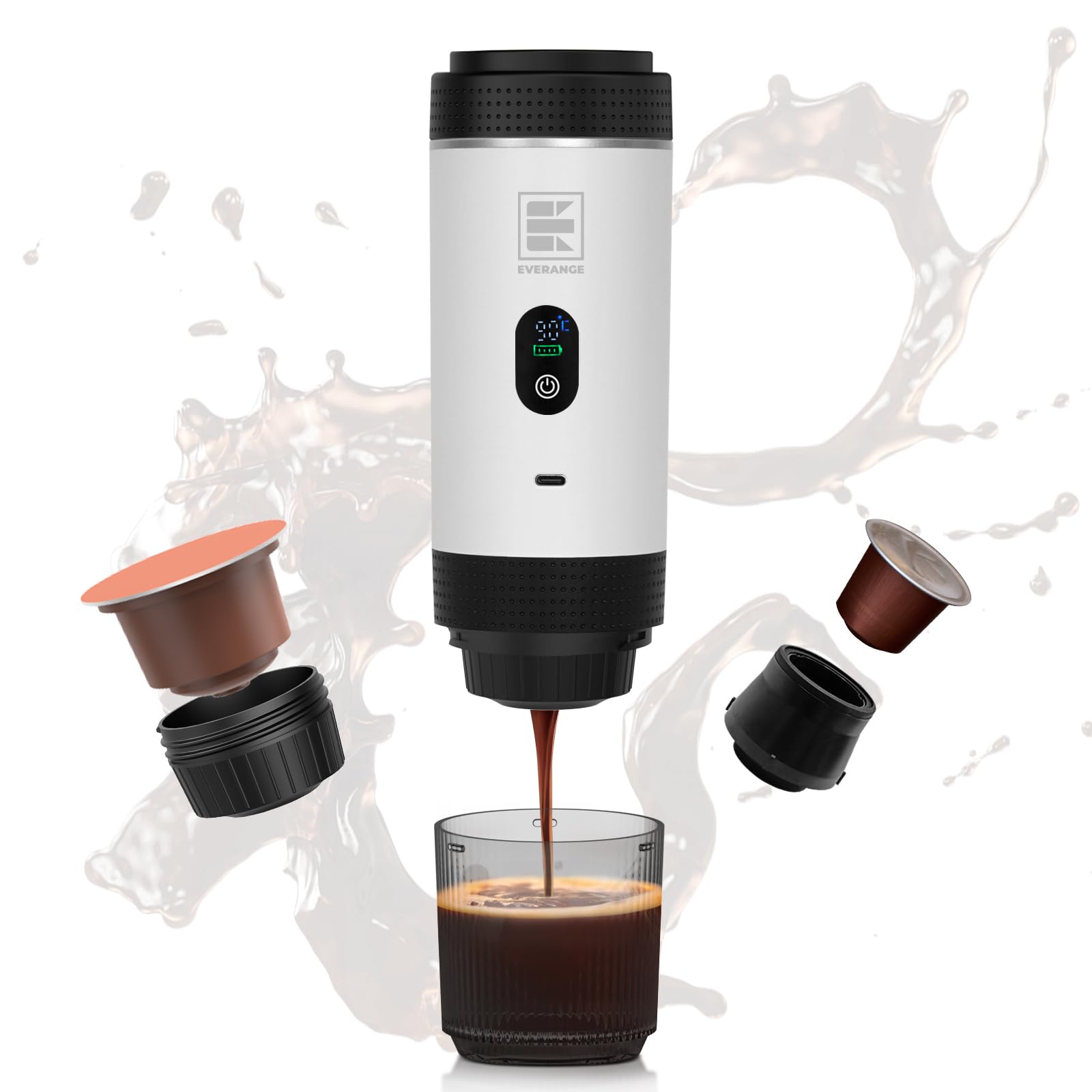 EVERANGE Portable Electric Espresso Machine, Travel Coffee Maker Brewer Compatible with Ground Coffee & NS Capsules (White with LCD Screen)