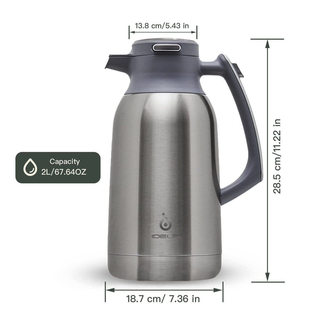 IDEUS Thermal Coffee Carafe, Stainless Steel Double Wall Insulated Vacuum Flask, Water Jug Coffee Server and Beverage Dispenser, Heat and Cold Retention (Metallic, 68, Fluid Ounces)