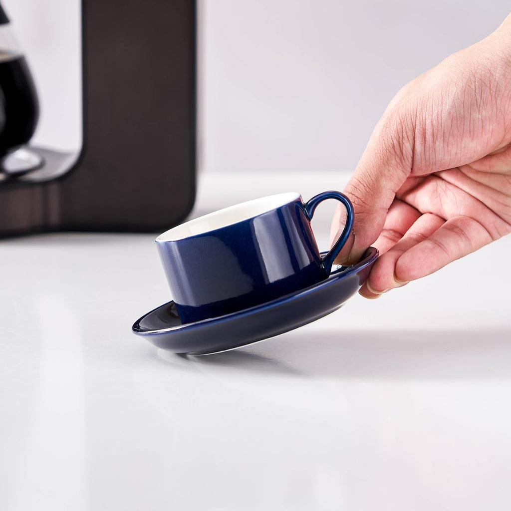 Meichu Cappuccino Cups Set of 4, 8oz Stackable Coffee Cups Set with Saucers and Metal Stand, Blue Coffee Mugs and Saucers for Cappuccino, Latte, Americano and Tea