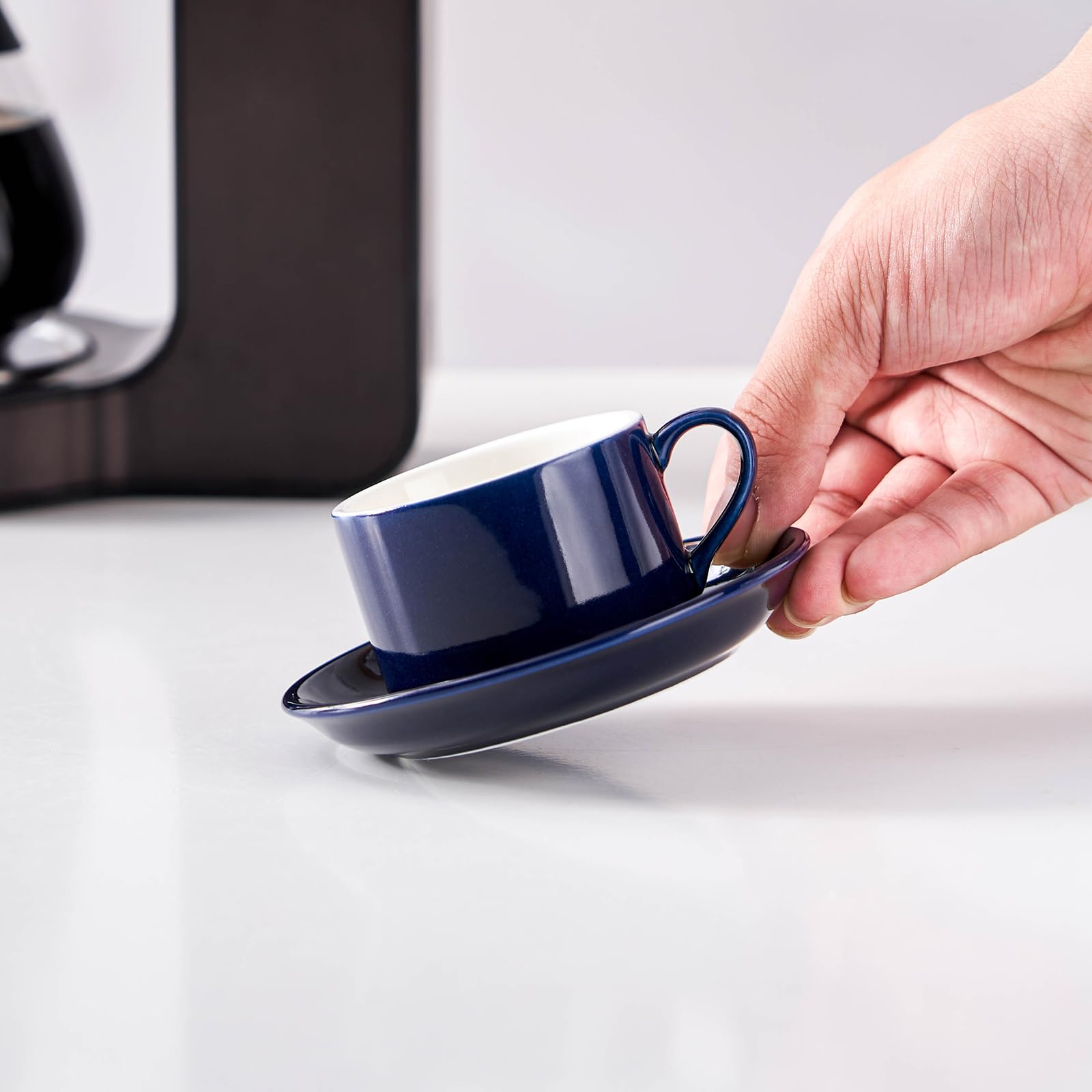 Meichu Cappuccino Cups Set of 4, 8oz Stackable Coffee Cups Set with Saucers and Metal Stand, Blue Coffee Mugs and Saucers for Cappuccino, Latte, Americano and Tea