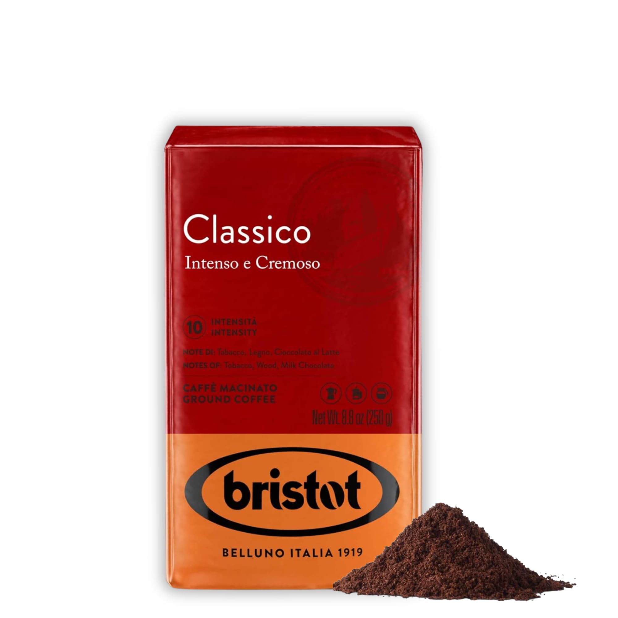 Bristot Classico Ground Espresso – Intense & Creamy Medium Roast Italian Coffee – For Moka, French Press & Pour Over – 8.8 oz (250g)