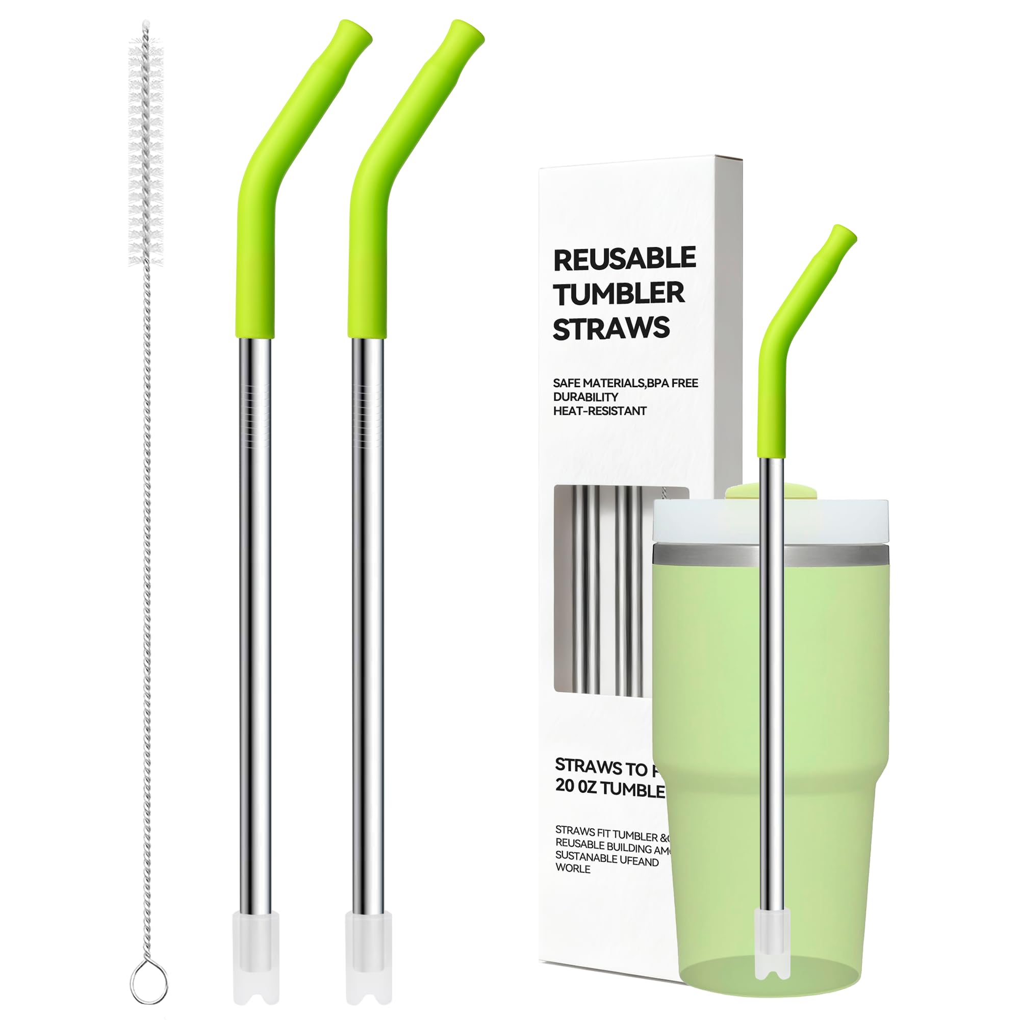 Metal Straws With Silicone Tip For Stanley Adventure Quencher H2.0 Tumbler 14 oz 20 oz, Short Straw Replacement Stainless Seel Straws Reusable For STANLEY Cups 14oz,20 oz, Dishwasher Safe(Apple Green)