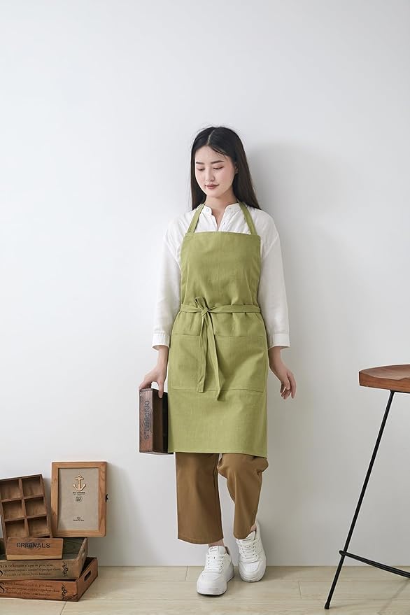 Cotton Linen Apron for Women - Adjustable Casual Apron with Pocktes, Great for Florist, Coffee House and Kitchen
