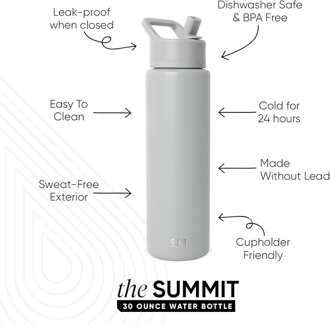 Simple Modern Water Bottle with Straw Lid | Vacuum Insulated Stainless Steel Metal Thermos | Reusable Leak Proof BPA-Free Flask for Sports Gym | Summit Collection | 30oz, Ice Gray