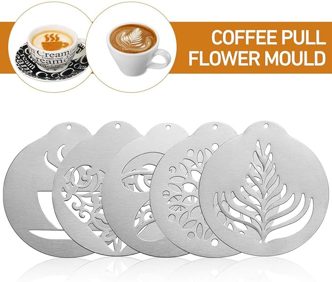 4Pieces Stainless Steel Milk Frothing Pitcher Set, Latte Art Barista Steaming Pitchers Set -Include Milk Frother Cup, Latte Art Pen, Powder Shaker, 5pcs Coffee Decorating Stencils (600ml/20oz)