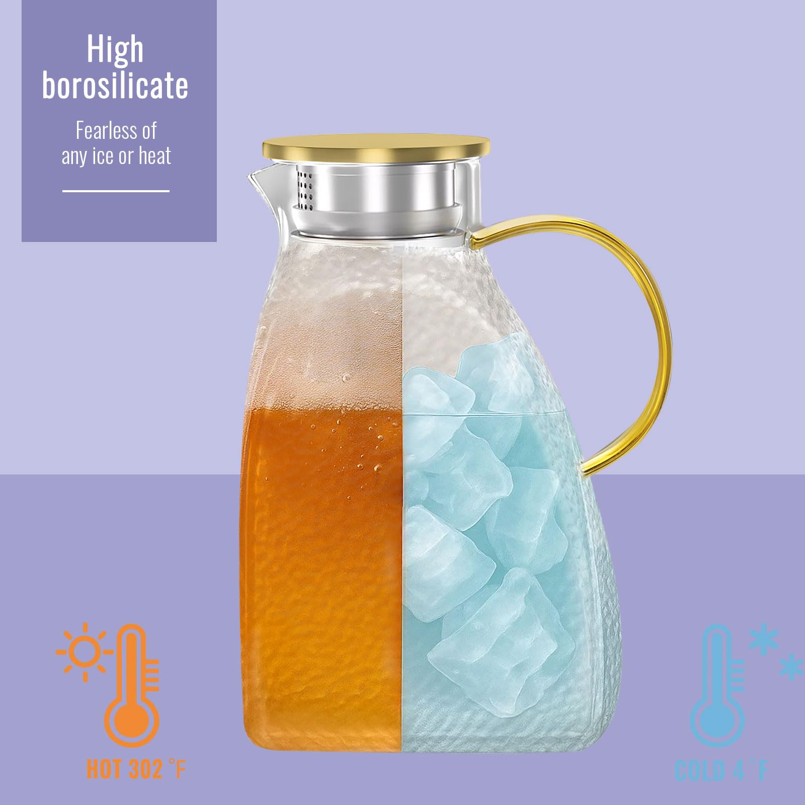 WARMSIMPLE Glass Pitcher With Lid, 2 Liters Glass Pitchers With Handle And Lid, 68 oz Water Pitcher For Fridge, Tea Jug Carafe Jar For Hot/Cold Water Iced Juice Coffee Milk Fruit