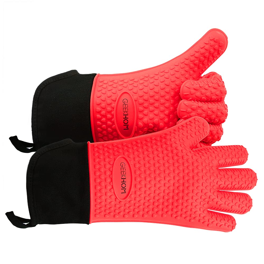 GEEKHOM BBQ Gloves Heat Resistant Oven Mitts - Silicone Grilling Gloves with 14" Long Arm Protection - Waterproof Pot Holder Non-Slip for Men & Women, Kitchen Cooking, Baking, Camping, Red