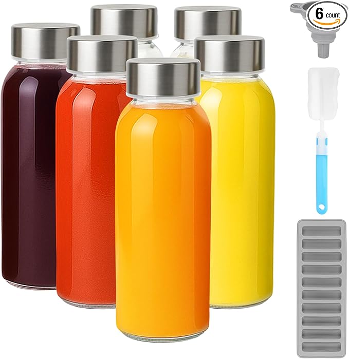 Zukro Glass Water Bottles with Lids 10 oz, Reusable Clear Juice Bottles With Stainless Steel Airtight Cap for Juicing, 100% Leak Proof Juice Drinking Jar for Ginger and Milk, BPA Free