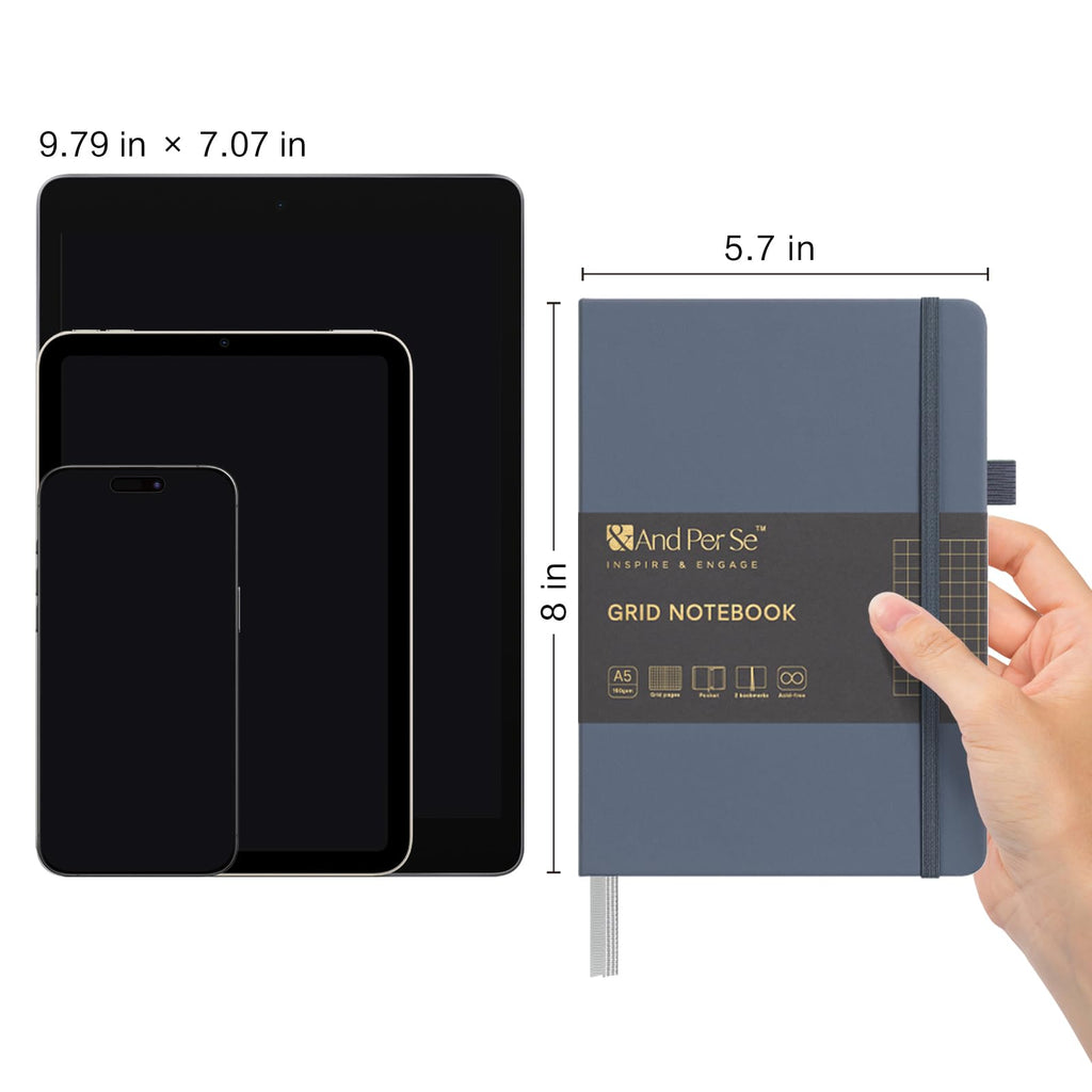 &And Per Se Graph Notebook, 5mm Grid, A5 Hardcover, 160 Pages 100gsm Thick Paper, Grid Journal for Diagrams, Wireframes, CAD Sketches (Dark Blue)