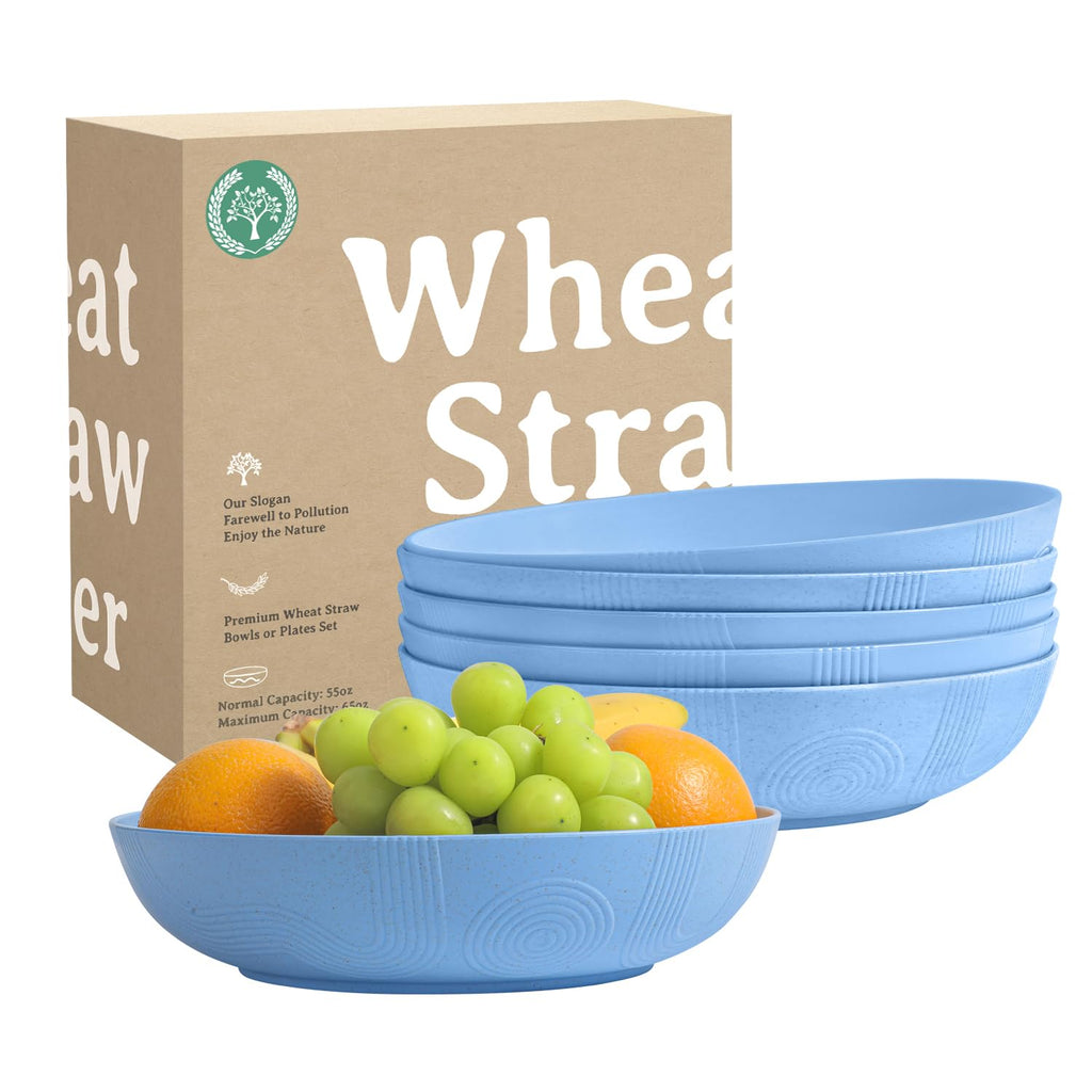 Homienly 65 oz Large Salad Bowls Wheat Straw Big Bowls 10 inch Serving Bowls Wheat Straw Plates Bowl Set of 6 Wide and Shallow Bowl for Kitchen Dishwasher Safe-Beige