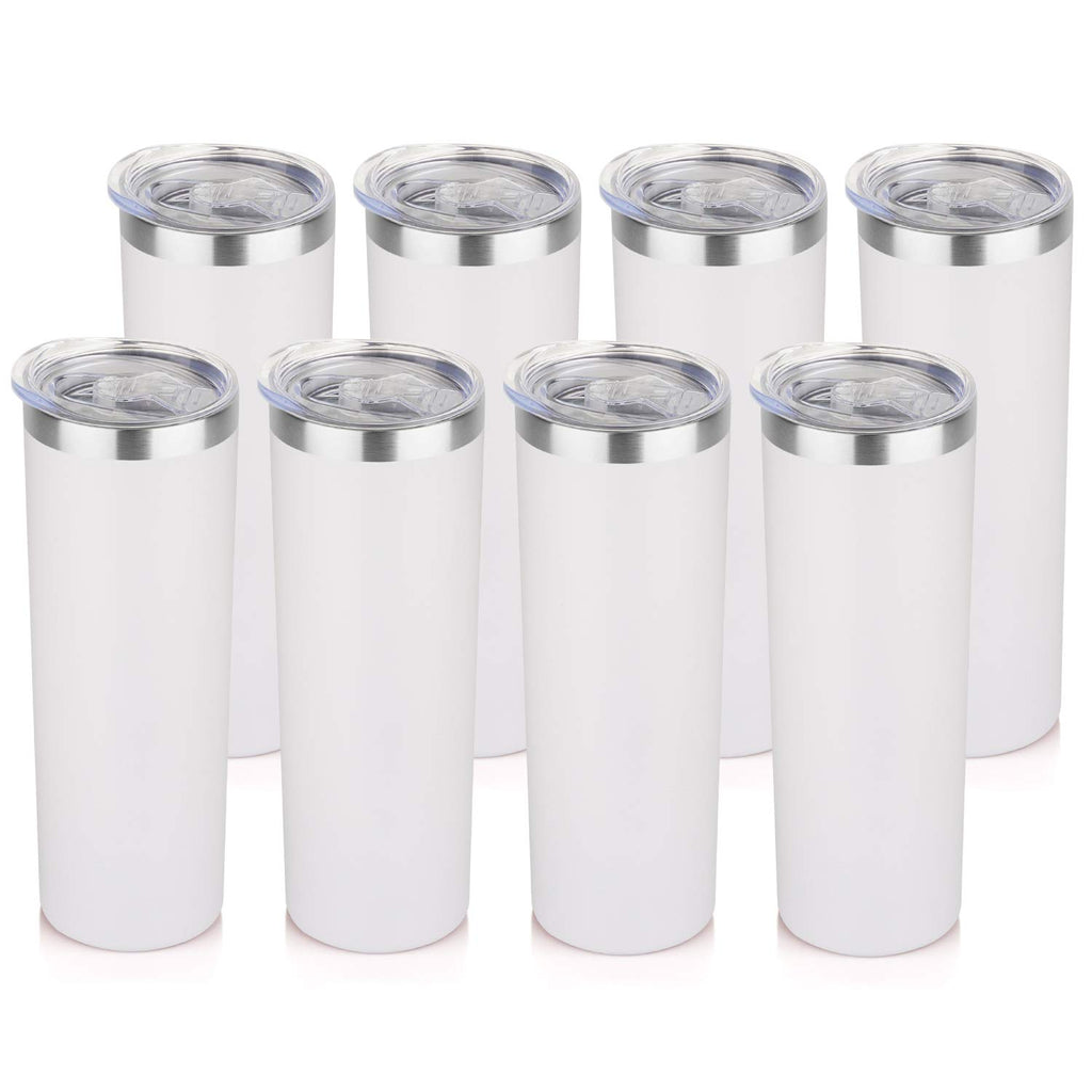 HASLE OUTFITTERS 20 oz Skinny Tumblers Bulk Set, Stainless Steel Insulated Slim Tumblers with Lids, Reusable Double Wall Travel Coffee Mugs, Durable Powder Coated Travel Water Cups(White, 8)