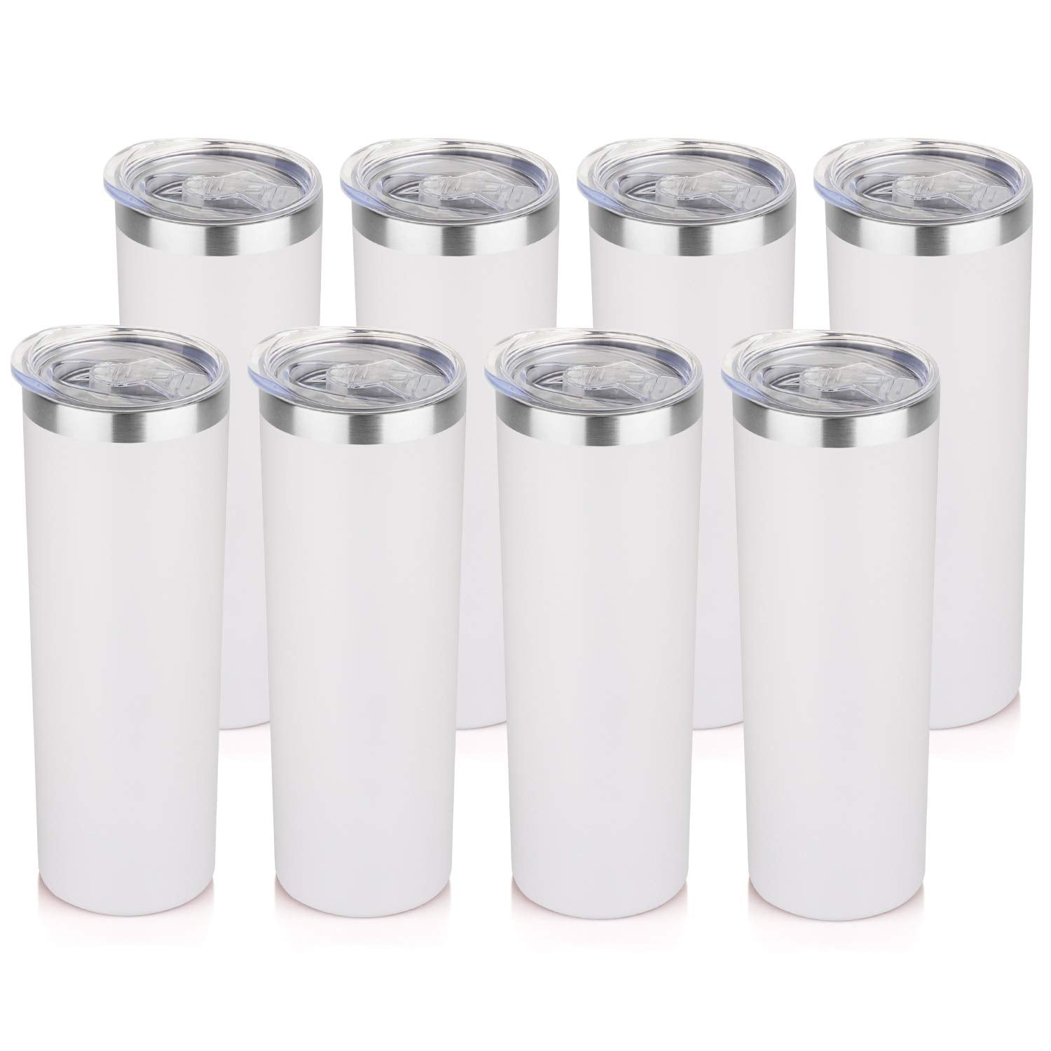 HASLE OUTFITTERS 20 oz Skinny Tumblers Bulk Set, Stainless Steel Insulated Slim Tumblers with Lids, Reusable Double Wall Travel Coffee Mugs, Durable Powder Coated Travel Water Cups(White, 8)