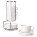 MALACASA Porcelain Espresso Cups Set of 4, with Saucers and Metal Stand, 4 Ounce Stackable Cappuccino Cups, Expresso Shots Cup Ceramic Demitasse Mugs, White