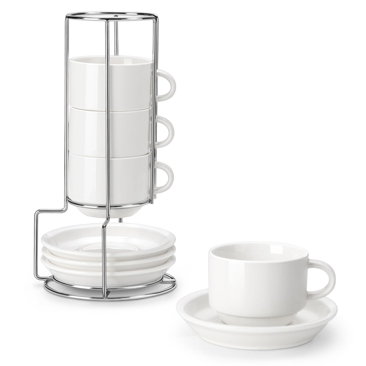 MALACASA Porcelain Espresso Cups Set of 4, with Saucers and Metal Stand, 4 Ounce Stackable Cappuccino Cups, Expresso Shots Cup Ceramic Demitasse Mugs, White