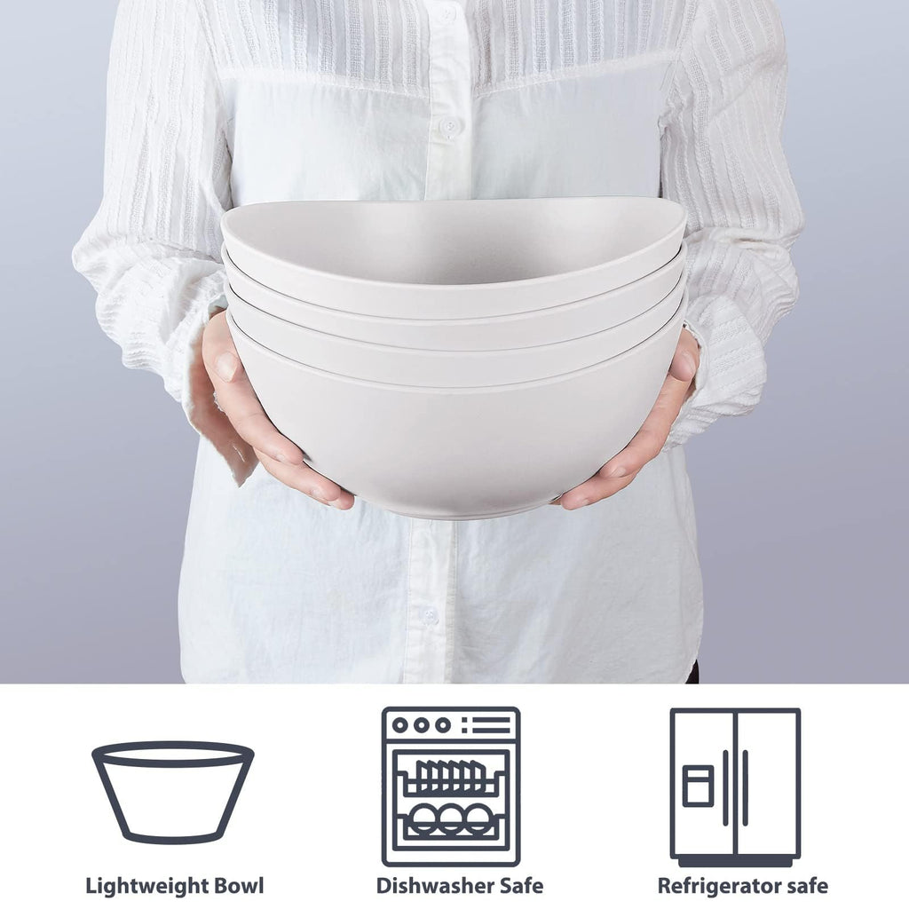 ECOHAGOU 9.6'' Serving Bowls, 84oz Bamboo Fiber Salad Bowl Set of 4, Deep Serving Bowls Set, Large Oval Individual Bowls for Eating Salad/Pasta/Cereal/Pho, Ideal for Home & Restaurant (Matte White)