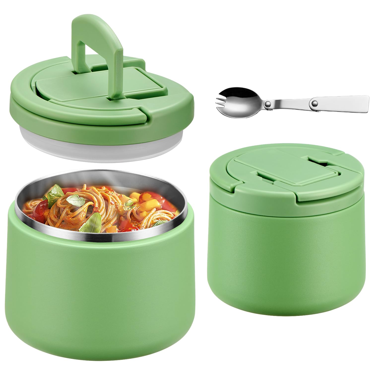 14oz Insulated Vacuum Food Jar with Buckle Lid,Soup Thermo for Hot Food Kids,Wide Mouth Leakproof Stainless Steel Lunch Container with Spoon-Green