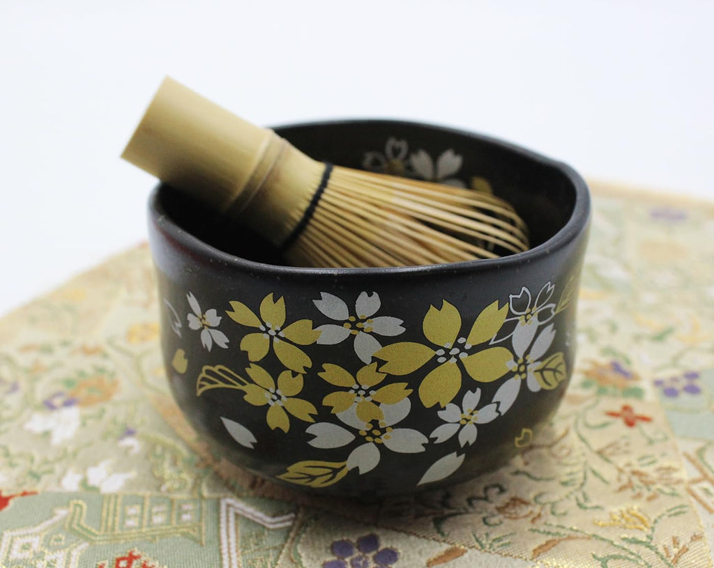 Waraku Fuuka Japanese Traditional Mino Ware Handcrafted Mini Matcha Chawan Tea Bowl Cup Set With Chasen Bamboo Tea Whisk Ceremony Tableware Pottery (Tenmoku Sakura)