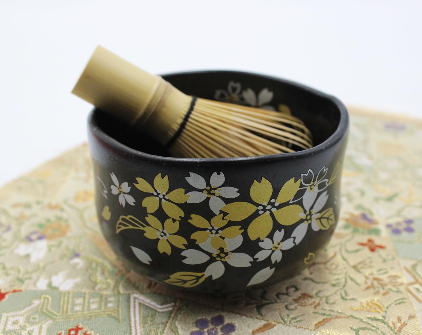 Waraku Fuuka Japanese Traditional Mino Ware Handcrafted Mini Matcha Chawan Tea Bowl Cup Set With Chasen Bamboo Tea Whisk Ceremony Tableware Pottery (Tenmoku Sakura)