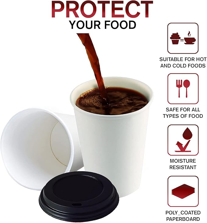 Smygoods White Original Disposable Paper Coffee Cups with Lids (12 OZ, 50 Count) For Hot Beverages, Tea, Espresso, Cocoa - To Go Drink Containers, Café & Office