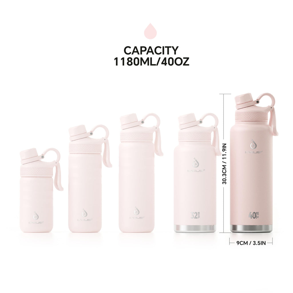 IDEUS Insulated Stainless Steel Water Bottle with 2 Leak-Proof Lids, Thermal Water Flask for Hiking Biking, 40oz, Light Pink
