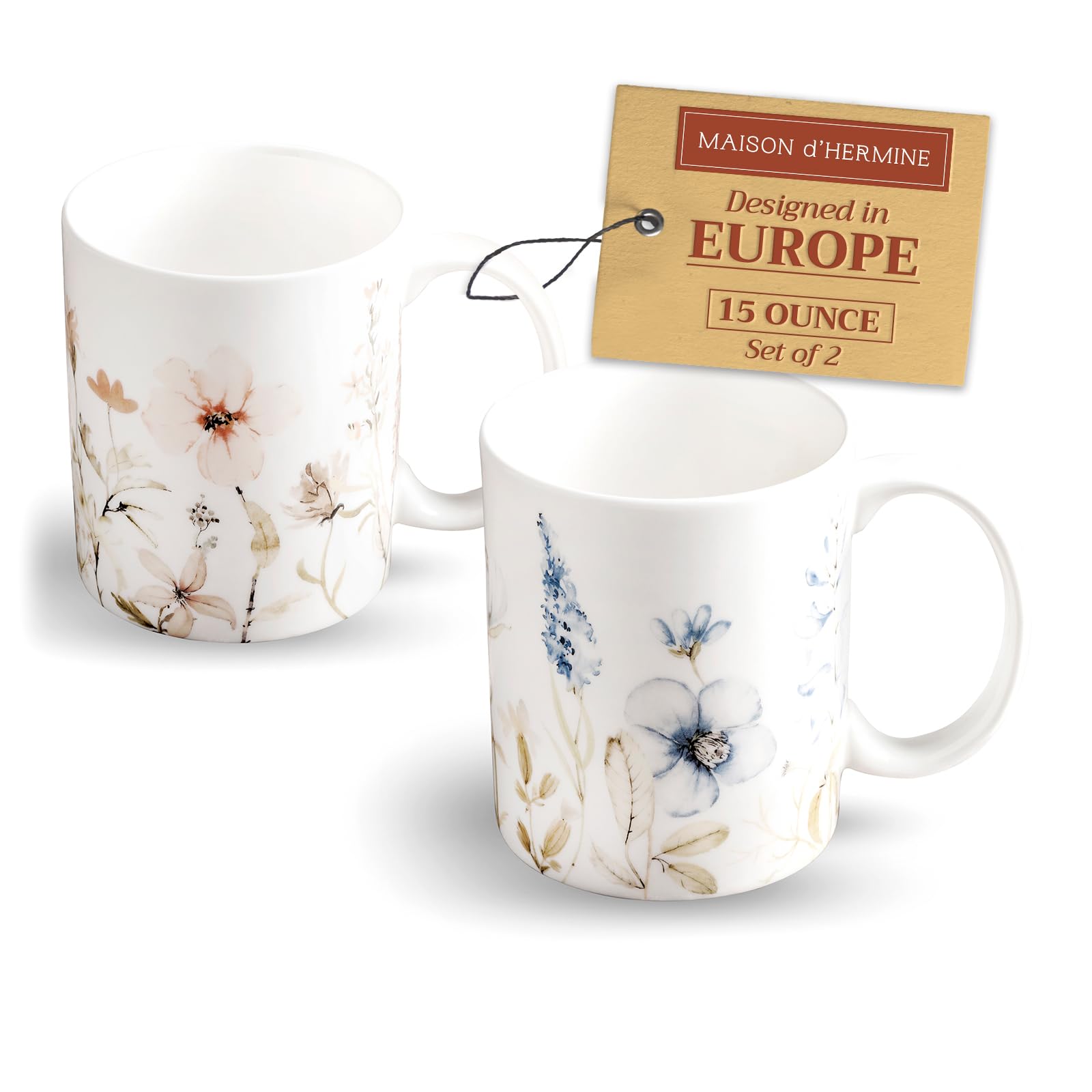Maison d' Hermine Coffee Mug with Handles Tea Cups (15 Ounce, Pack of 2)