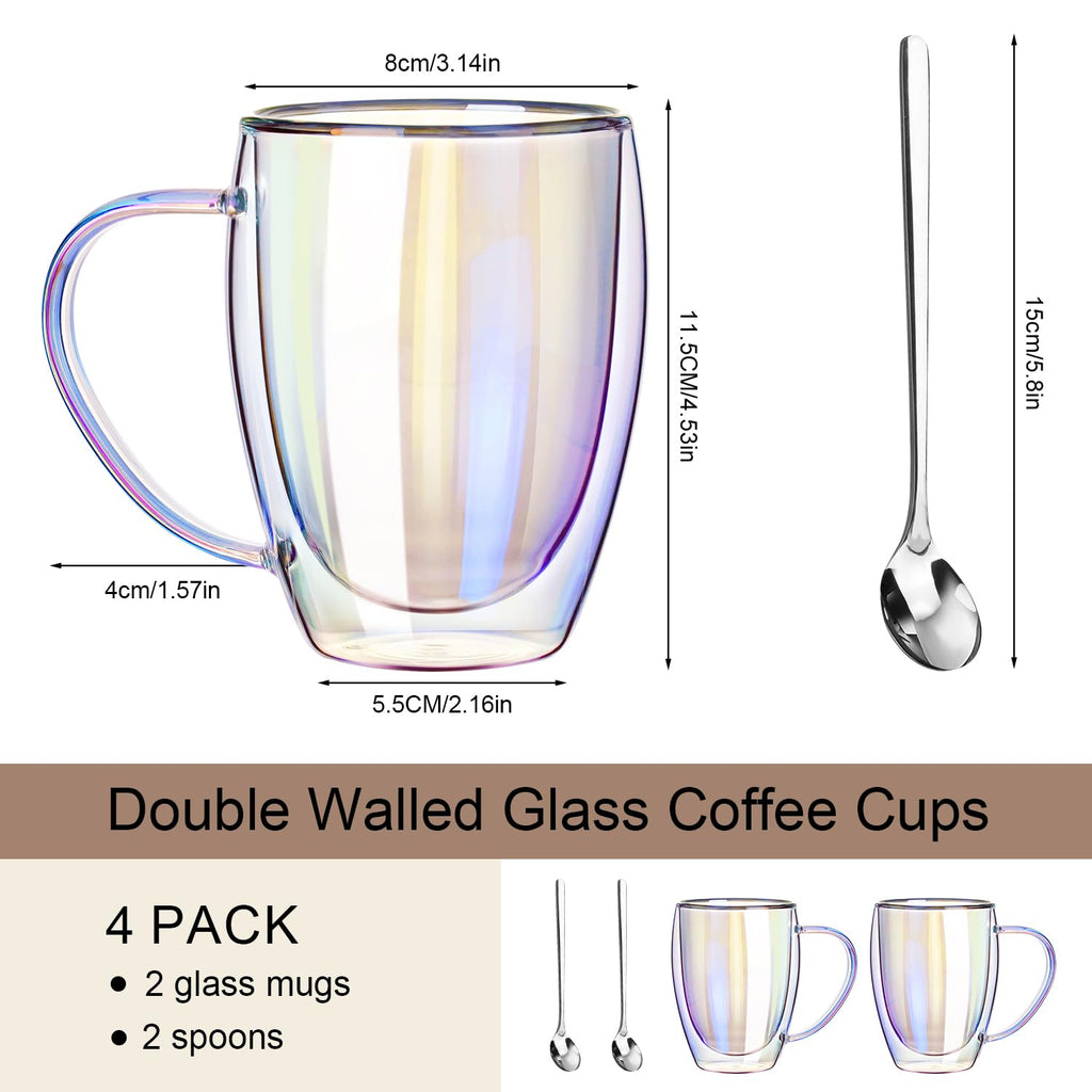 GOROGILE Double Walled Glass Coffee Mugs 12 OZ, Set of 2 Iridescent Glass Cups With Handle Perfect for Espresso, Cappuccino, Latte, Americano, Tea Bag, Beverage