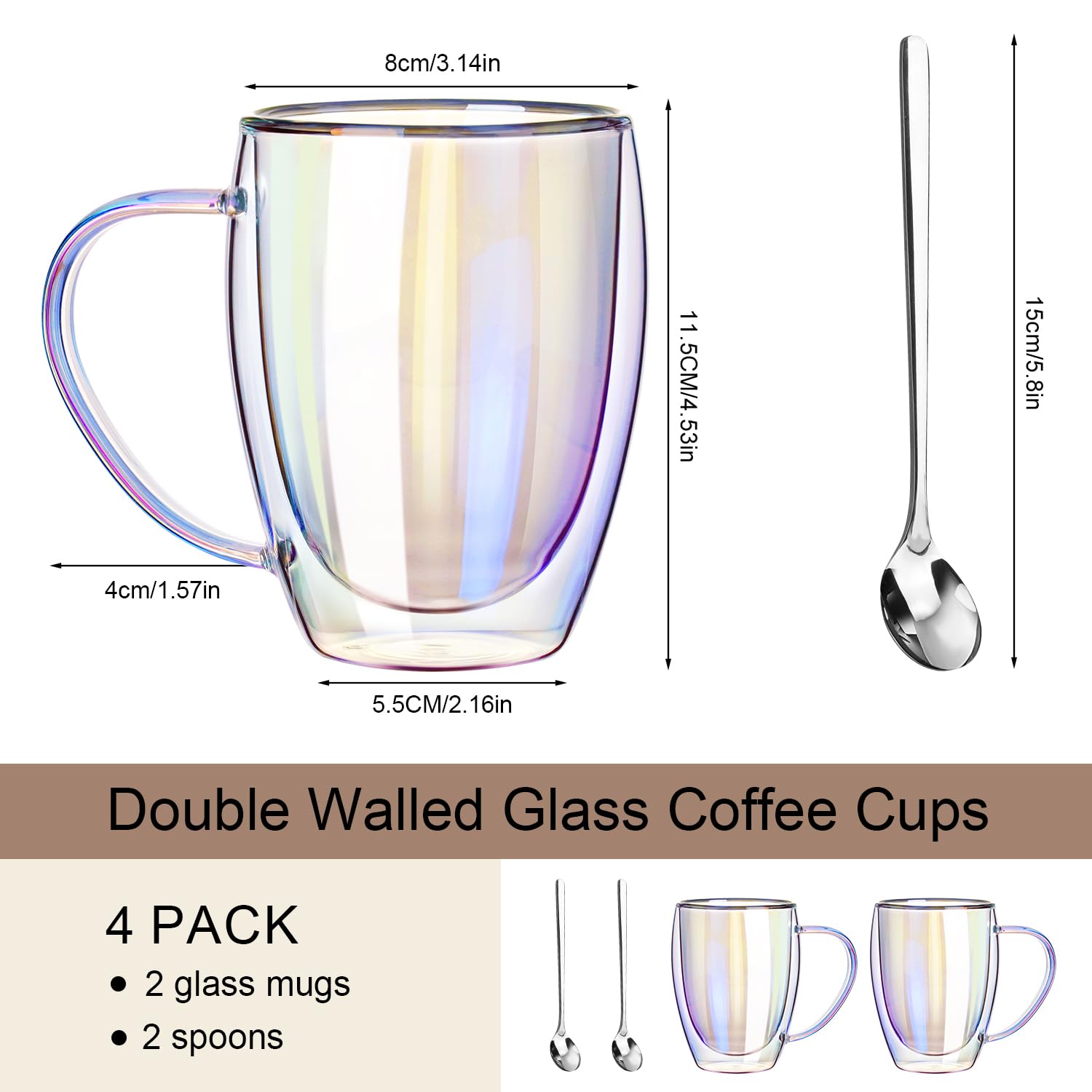 GOROGILE Double Walled Glass Coffee Mugs 12 OZ, Set of 2 Iridescent Glass Cups With Handle Perfect for Espresso, Cappuccino, Latte, Americano, Tea Bag, Beverage