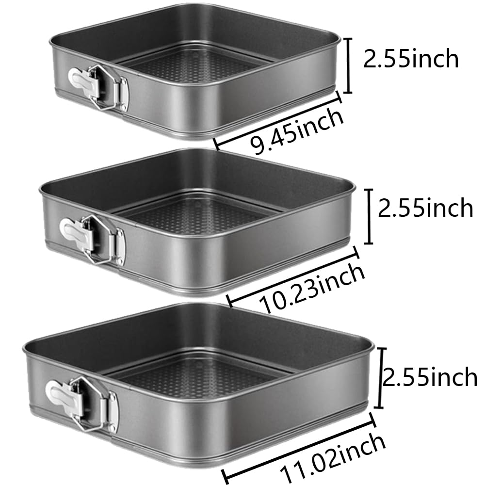 Yetthpowr Springform Cake Pan Set of 3 (9.5, 10, 11 Inch) Square Baking Pans Nonstick Cheesecake Pans with Removable Bottom Bakeware for Cake, Cheesecakes, Pizza, and Quiches