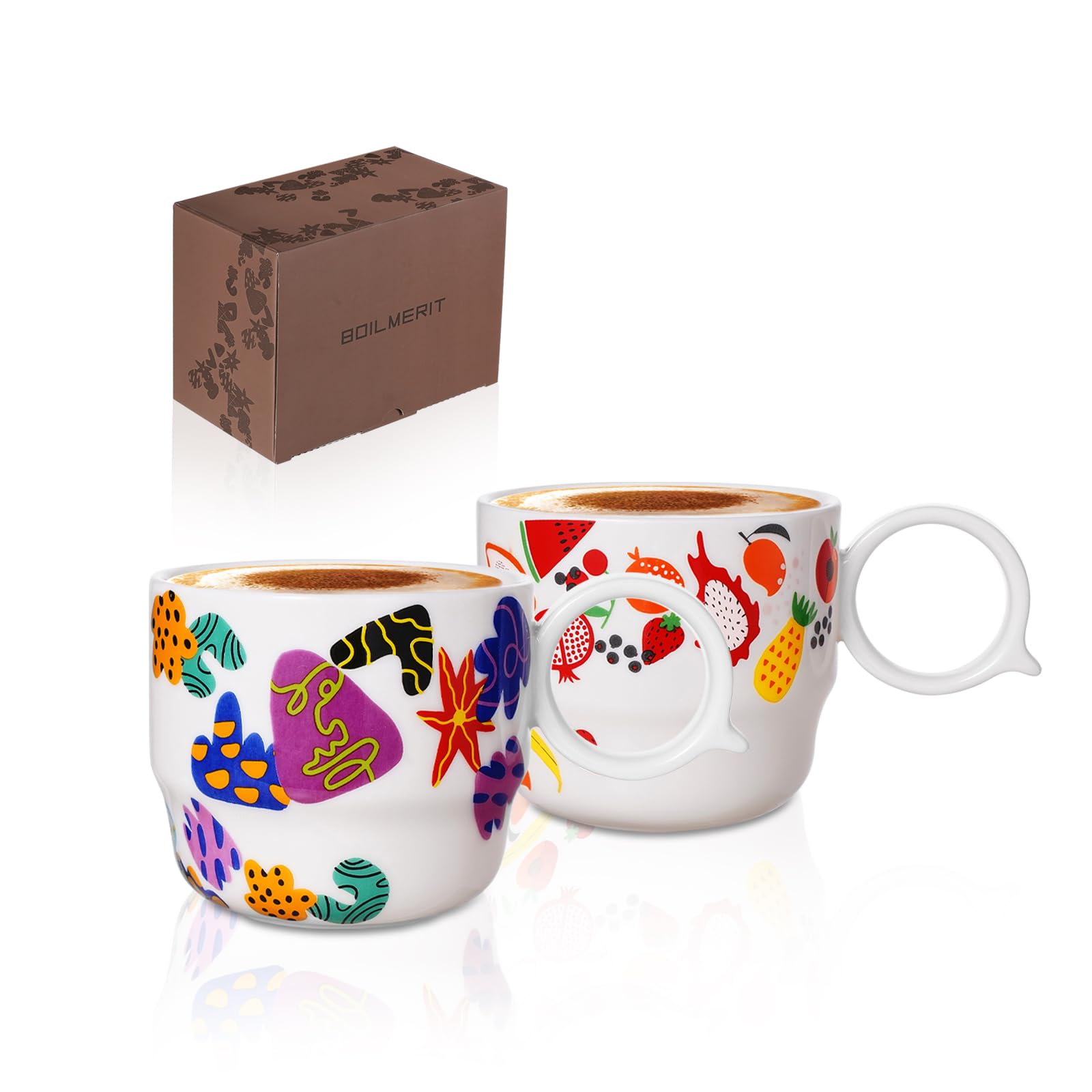 BOILMERIT Ceramic Espresso Cups Set of 2 – Mini 3 oz Double Espresso Coffee Cups Small Espresso Shot Cups with Cute Q Handle, Gift for Coffee Lovers, Floral and fruit Patterns-White