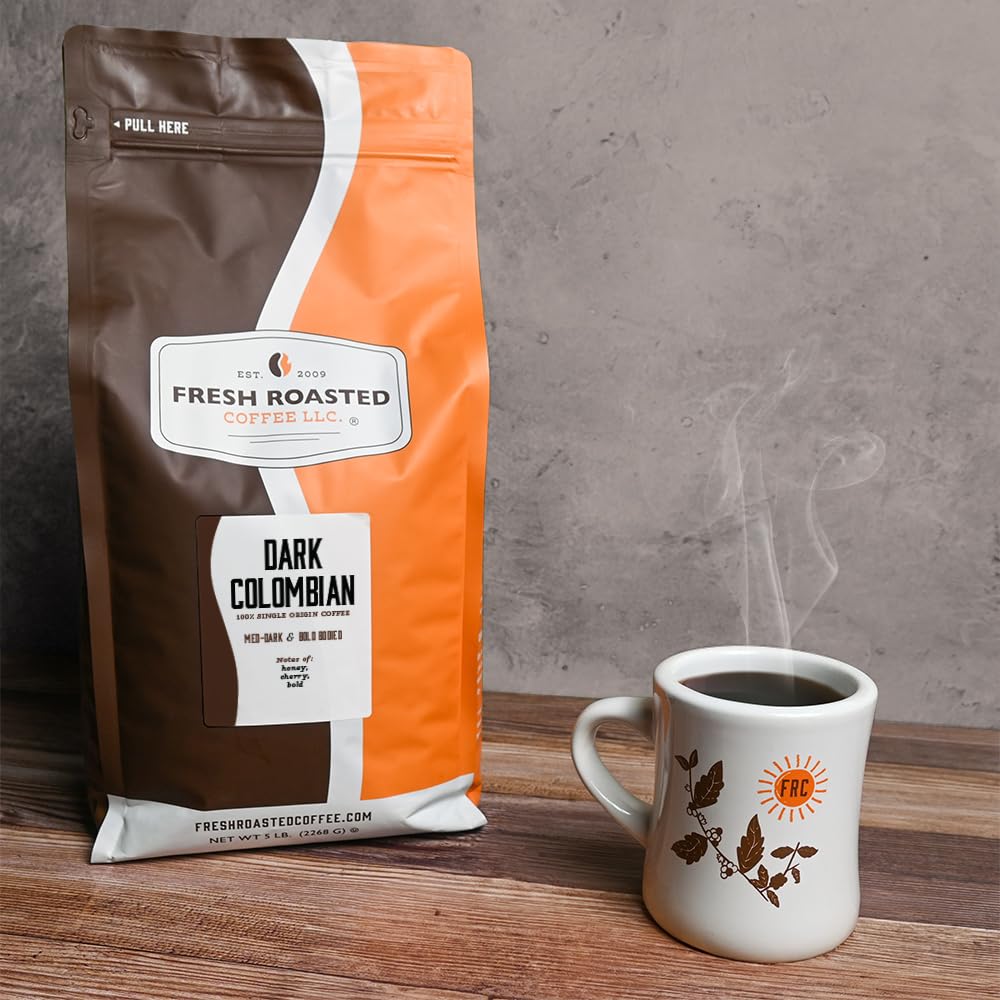 Fresh Roasted Coffee, 100% Dark Colombian Whole Bean Coffee, Med-Dark Roast, Kosher, 5 lb (80 oz)