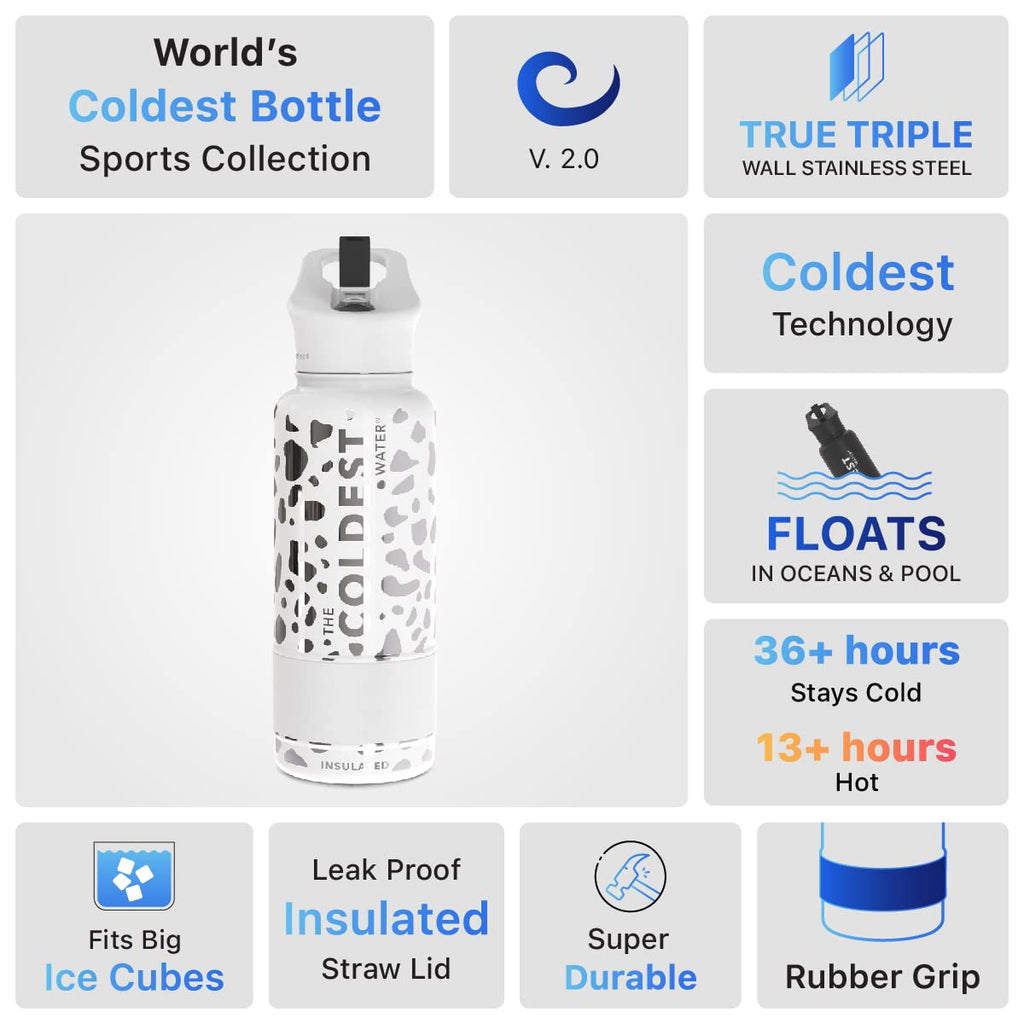 Coldest Insulated Water Bottle with Straw Lid - Stainless Steel Metal Insulated Bottle for Men & Women (Silver Leopard, 32 oz)