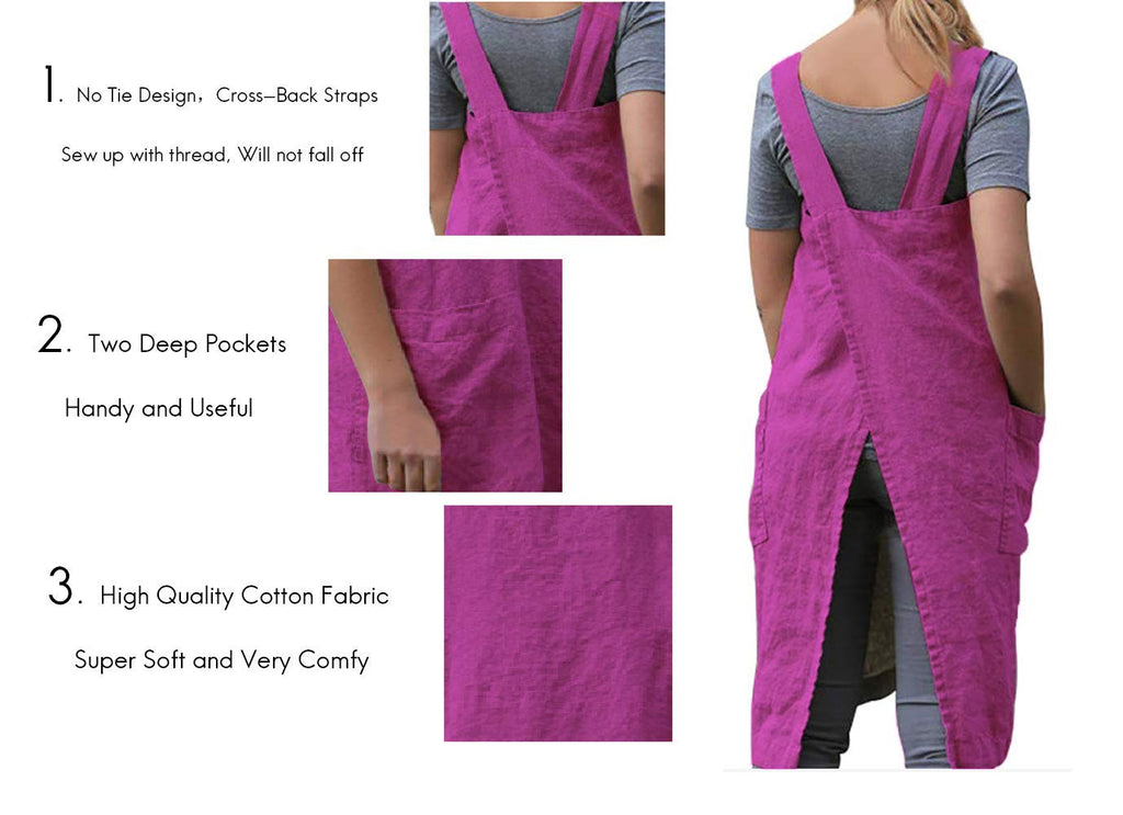 Larmliss Women's Pinafore Square Apron Baking Cooking Gardening Works Cross Back Cotton/Linen Blend Dress with 2 Pockets Purple Red-2XL