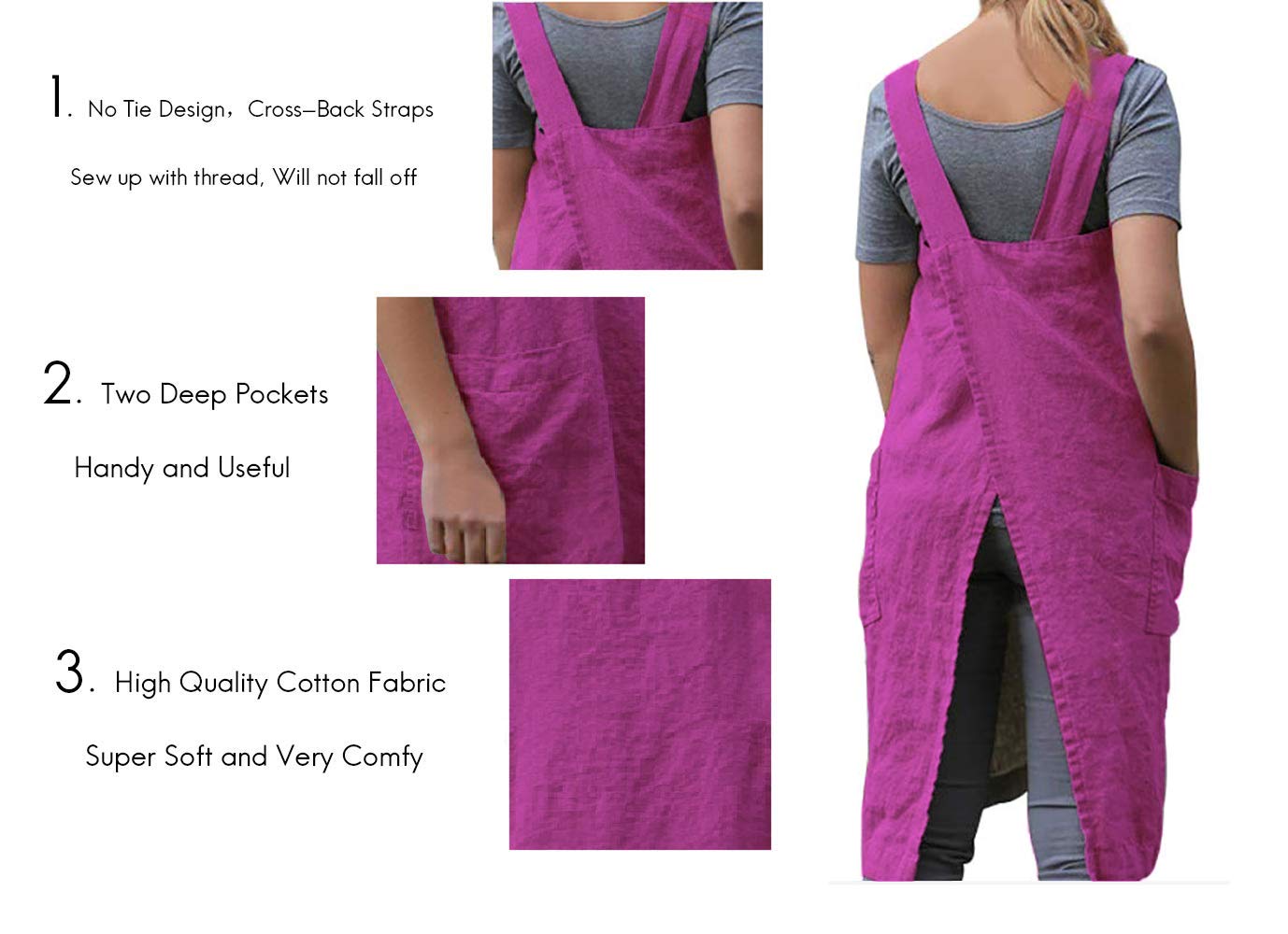 Larmliss Women's Pinafore Square Apron Baking Cooking Gardening Works Cross Back Cotton/Linen Blend Dress with 2 Pockets Purple Red-2XL