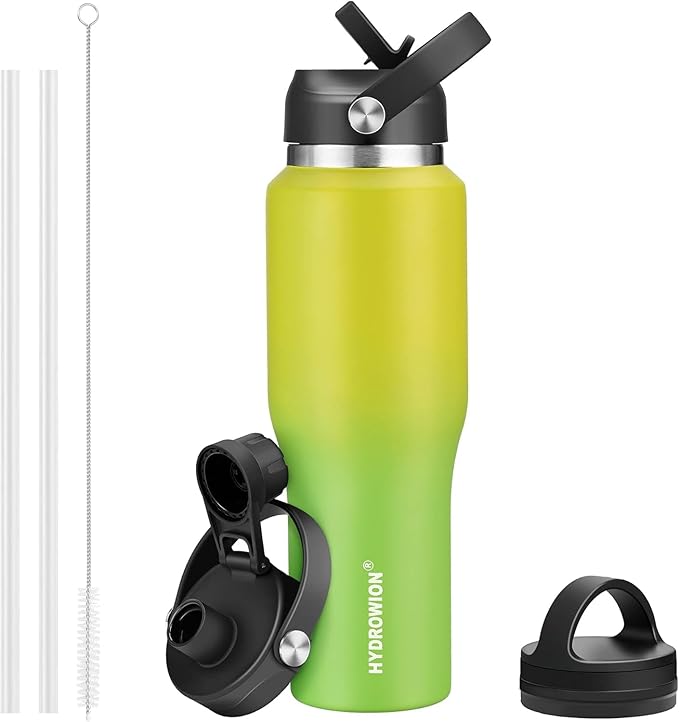 40 oz Insulated Water Bottle with Straw fit in Car Cup Holder(Cold 48 hrs, Hot 24 hrs) Drinking Bottle with Straw Lid, Spout Lid and Flex Cap Leakproof Travel Thermo Mug，Yellow - Green